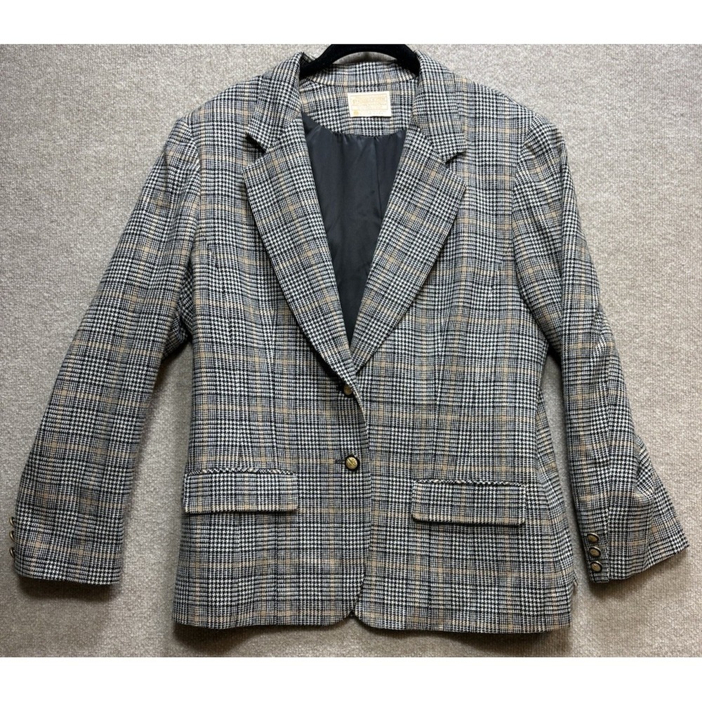 Vtg 90s Pendleton Women's Blazer Tan Black Plaid 100% Virgin Wool Size Large GUC